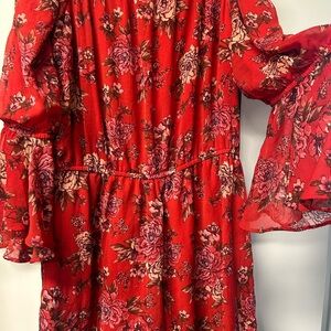 American Eagle Off the Shoulder Floral Red Bell Sleeve Romper